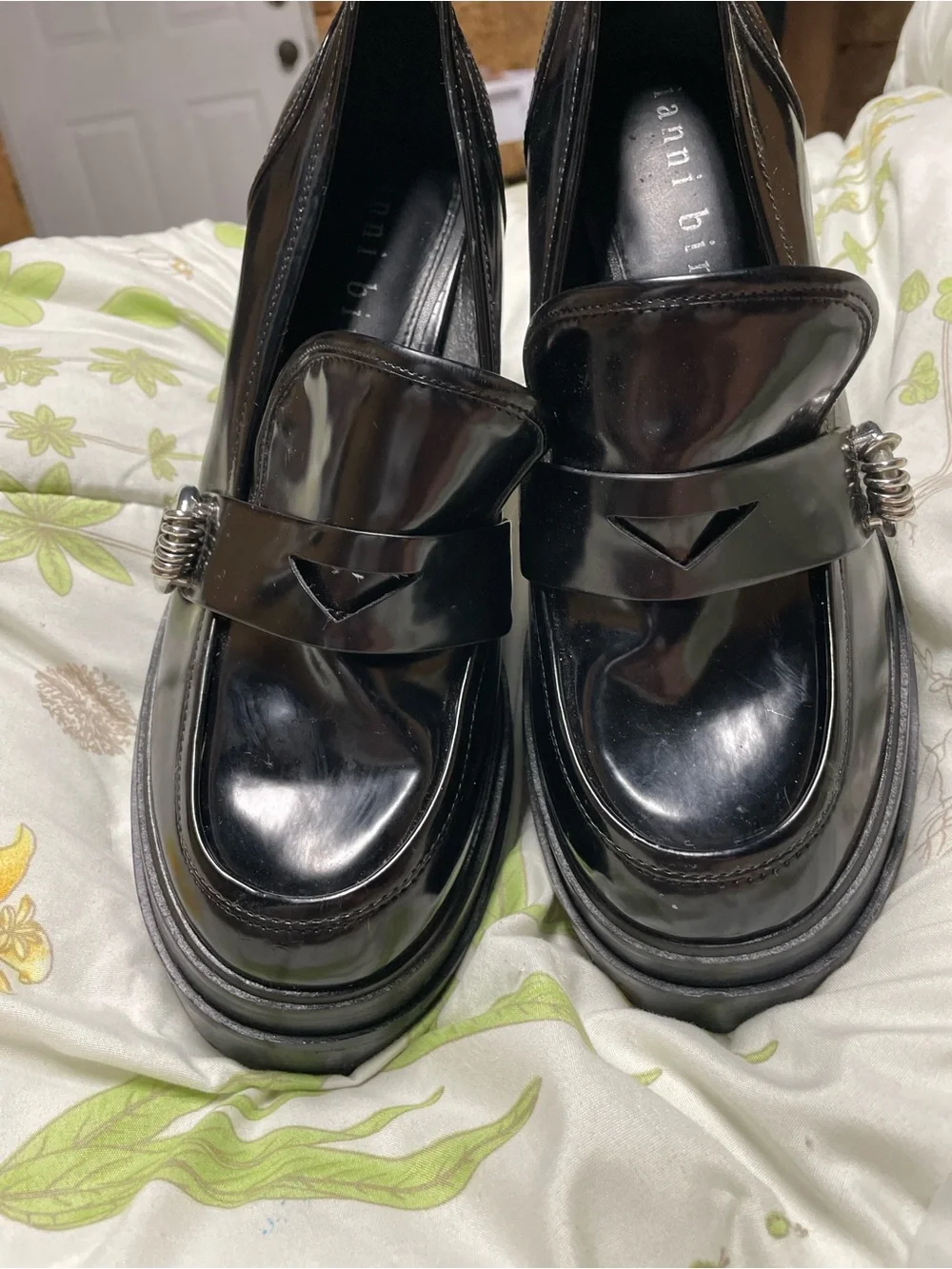 Gianni Bini Black Patent Platform Block Heel Loafers with Silver Ring